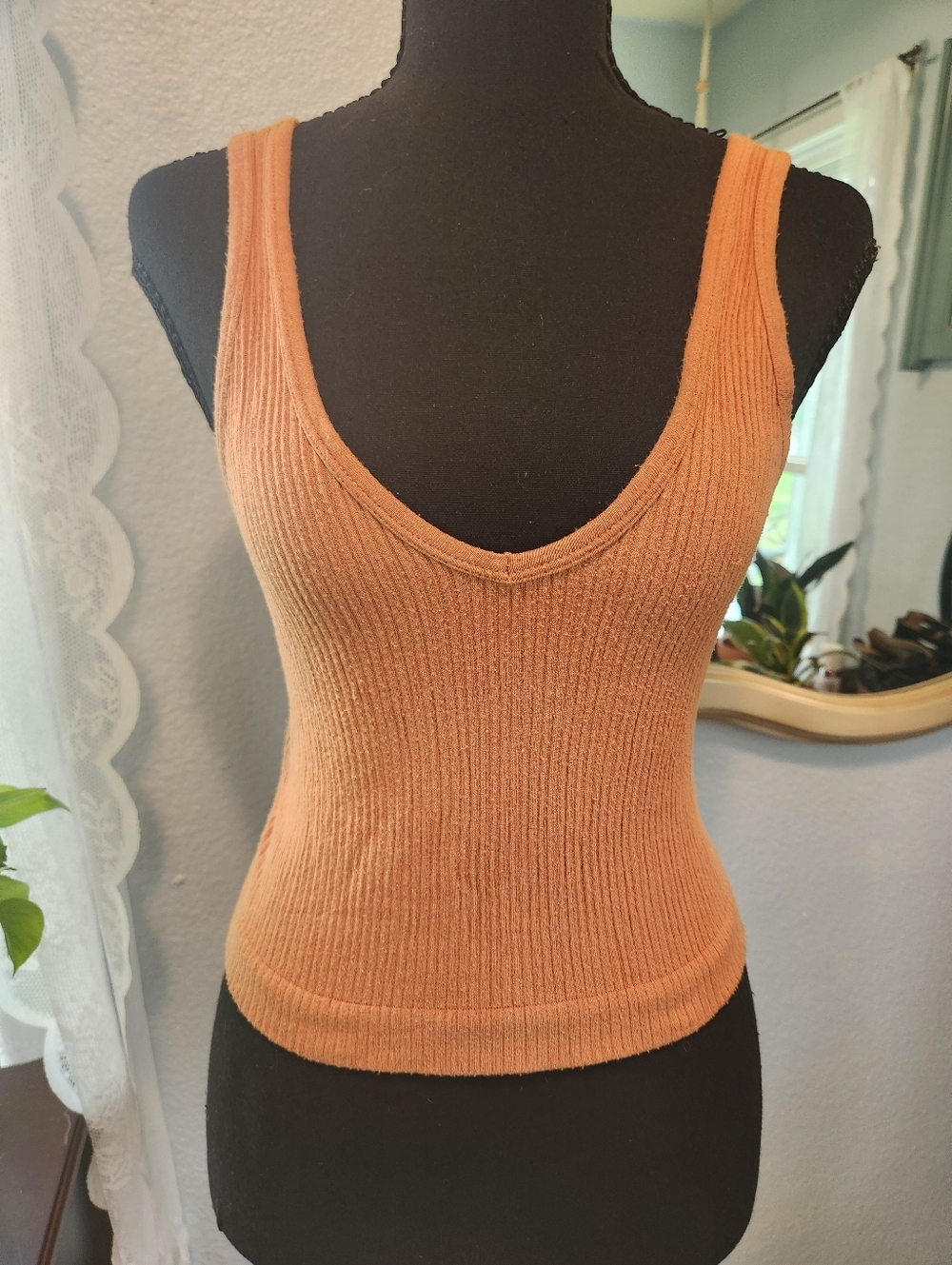 Out From Under Urban Outfitters Ribbed Crop V-Neck Tank Top in Burnt Orange